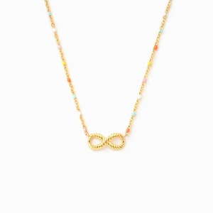 S925 silver infinity necklace with colorful enamel dots on a gold twisted rope chain