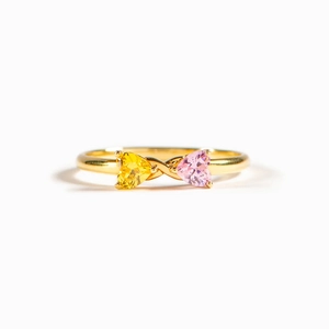 Bague en argent S925 avec pierres de naissance en forme de cœur jaune et rose doré