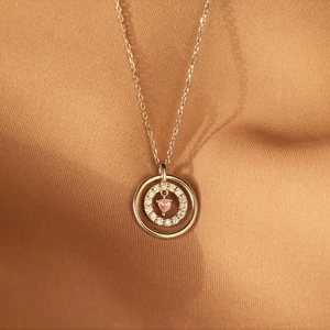Collier Pendentif Cœur Double Cercle en Argent Sterling 925 pour Femme Élégant Pierre de Cœur Rose Incrustée de Strass Bijoux de Chaîne