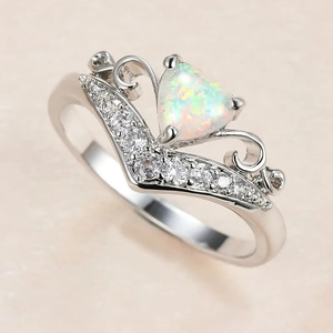 Minimalist S925 sterling silver V-shaped heart opal ring with zircon accents for women