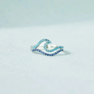 S925 Sterling Silver Gradient Blue Wave Ring For Women Minimalist Fashion Rhinestone Double Layer Index Finger Ring Ocean Style Jewelry