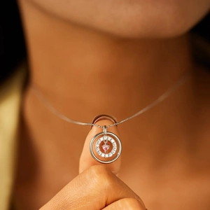 Collier en argent sterling S925 avec pendentif double cercle et zircon cœur rose