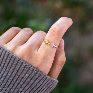 Bague en argent S925 doré avec deux pierres de naissance en forme de cœur jaune et mauve