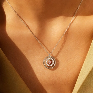 Collier en argent sterling S925 avec cercle de cristaux et pendentif cœur rose