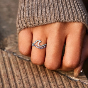 S925 sterling silver wave ring with blue gradient zircon inlay for women in ocean style