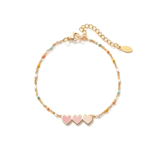 Elegant gold S925 sterling silver bracelet with pink enamel hearts and colorful beads