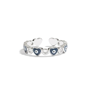 Bague ajustable en argent S925 avec cœurs en émail bleu et oxydes de zirconium