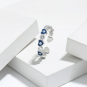 Bague ouverte en argent 925 avec œil maléfique coeur bleu et oxydes de zirconium brillants