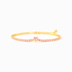 Élégant bracelet tennis en argent s925 avec pierre cœur rose et zircons ronds