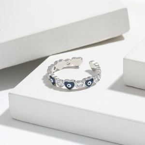 Bague Ouverte S925 Argent Sterling Cœur Mauvais Œil Émail Bleu Strass Bijoux Réglables Femme