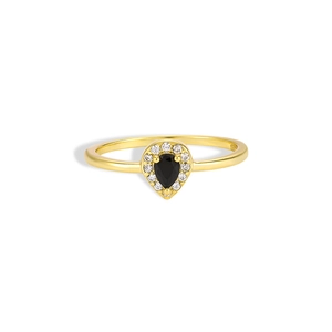 S925 sterling silver gold plated ring with pear cut black stone and halo zircon