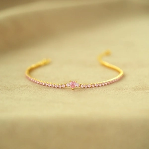 Bracelet en Argent Sterling 925 avec Cœur en Zirconia Rose pour Femmes Simple Mode Plaqué Or Ajustable Bijoux Cadeau