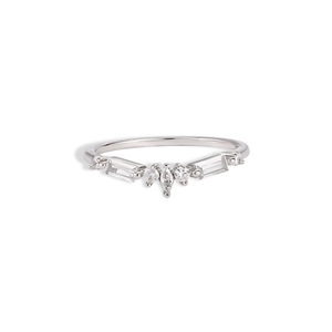 Macro detail of V-shaped S925 silver ring featuring marquise and round cut cubic zirconia