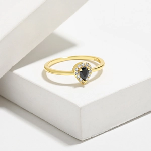 S925 Sterling Silver Pear Cut Black Rhinestone Halo Ring For Women Gold Plated Waterdrop Finger Ring Fashion Minimalist Jewelry