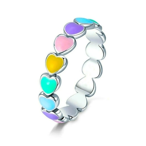 Minimalist S925 sterling silver ring featuring colorful enamel heart charms in rainbow tones
