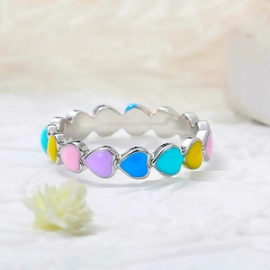 S925 Sterling Silver Colorful Enamel Heart Ring For Women Minimalist Fashion Geometric Connected Love Hearts Eternity Finger Ring Jewelry