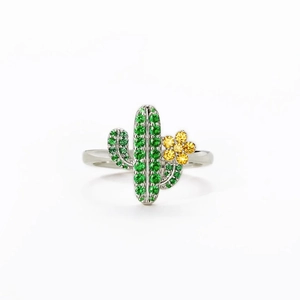 Bague Cactus en Argent Sterling 925 Zirconia Vert Fleur Jaune Incrustée Bague de Mode Bijoux pour Femmes Cadeau Quotidien