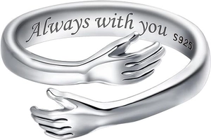 Close-up of S925 sterling silver hug ring with Always with you engraved on inner band