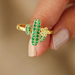 Bague cactus en argent sterling S925 sertie de zircons verts et fleur dorée