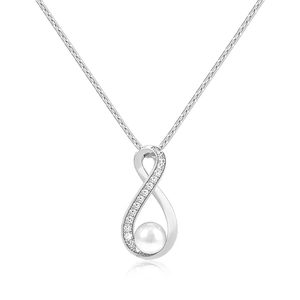 Elegant S925 sterling silver infinity necklace with a white pearl and zirconia accents
