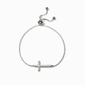 925 Sterling Silver Cross Bracelet For Women Fashion Adjustable Slide Buckle Box Chain Rhinestone Inlaid Jewelry Gift