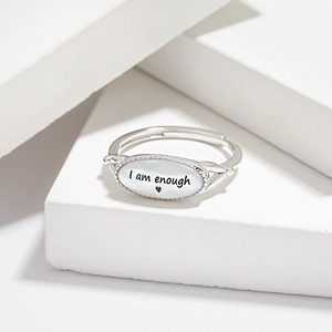 Minimalist s925 sterling silver ring featuring I am enough lettering and shell inlay