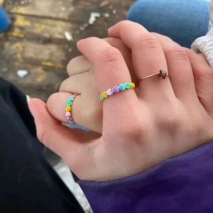S925 sterling silver colorful enamel heart band ring with red gemstone gold ring set