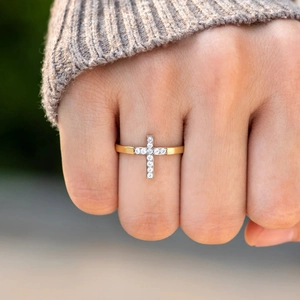 Minimalist S925 sterling silver cross ring with gold finish and sparkling zircon stones