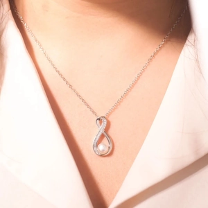 S925 sterling silver infinity necklace with sparkling zircon and white pearl pendant