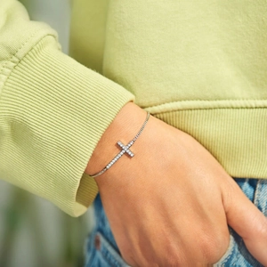 S925 sterling silver cross bracelet with pavé cubic zirconia on adjustable pull chain
