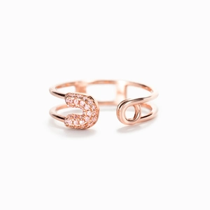 S925 sterling silver safety pin open ring in rose gold with pink zircon accents