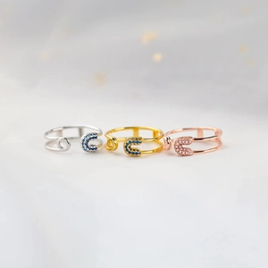 925 Sterling Silver Safety Pin Open Ring For Women Adjustable Rhinestone Inlaid Double Line Geometric Fashion Jewelry Finger Ring