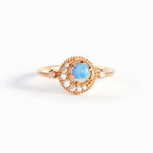 Élégante bague en argent sterling S925 doré rose avec opale et motifs lune et planète