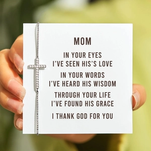 S925 sterling silver cross bracelet with cubic zirconia on a gift card for mom