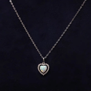 S925 Sterling Silver Heart Necklace with White Opal and Dainty Diamond Halo