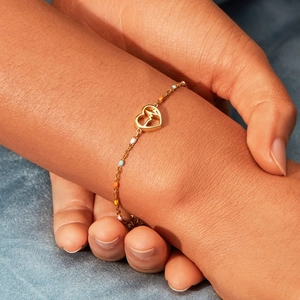 Bracelet coeur électrocardiogramme en argent s925 doré avec perles émaillées