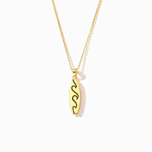 S925 sterling silver wave surfboard necklace in gold finish with minimalist wave pattern