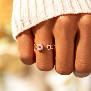 S925 sterling silver safety pin open ring with pink pave crystals in rose gold finish