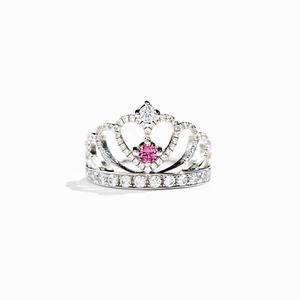 Elegant S925 sterling silver crown ring with pink gemstone and white pavé diamonds
