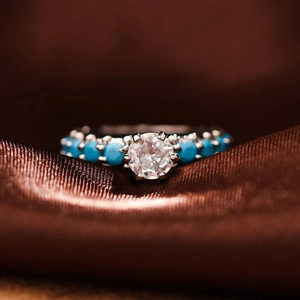 925 Sterling Silver Turquoise Ring Pave Rhinestone Geometric Bohemian Inlaid Fashion Women Jewelry Finger Ring