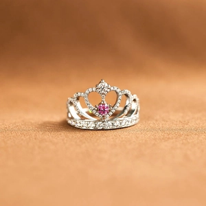 925 Sterling Silver Crown Ring For Women Pink Heart Main Stone Pave Rhinestone Finger Ring Elegant Commute Jewelry Gift