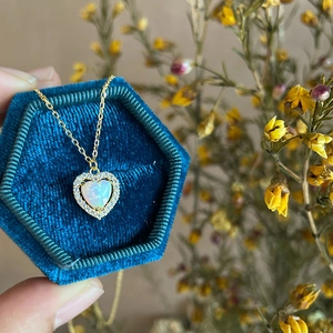 S925 Sterling Silver heart opal necklace with sparkling accents in a velvet jewelry box
