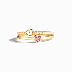 Bague double couche en argent S925 avec zircons blancs et coeurs en pierres roses