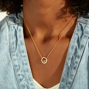 S925 sterling silver gold necklace featuring a sparkling crystal double heart circle pendant
