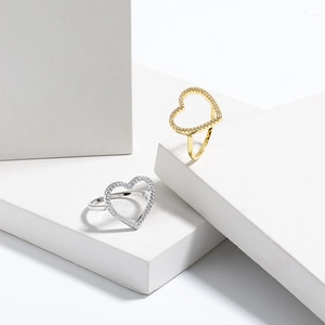 925 Sterling Silver Big Heart Zirconia Ring For Women Simple Fashion Hollow Out Geometric Open Finger Ring Gold Silver Plated Jewelry Gift