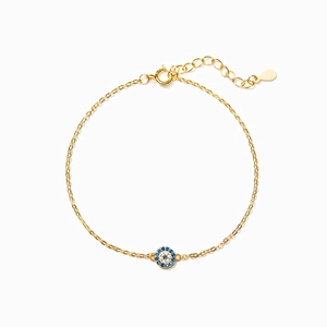 Minimalist S925 sterling silver evil eye bracelet with gold plating and blue stones