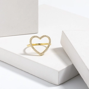 Minimalist S925 sterling silver hollow heart ring with sparkling pavé zircons in gold