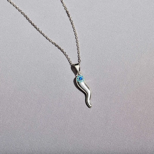 Collier Pendentif Corne Italienne en Argent Sterling 925 Mauvais Œil pour Femme Électroplaqué Strass Bleu Mode Bijoux Cadeau