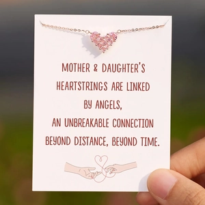 Pink heart pendant necklace in rose gold finish with a mother-daughter gift message card