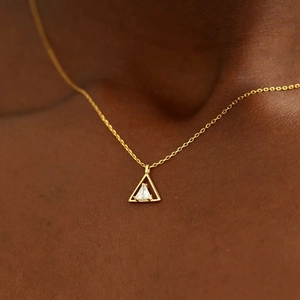 Minimalist S925 sterling silver gold necklace with triangle zircon pendant on model